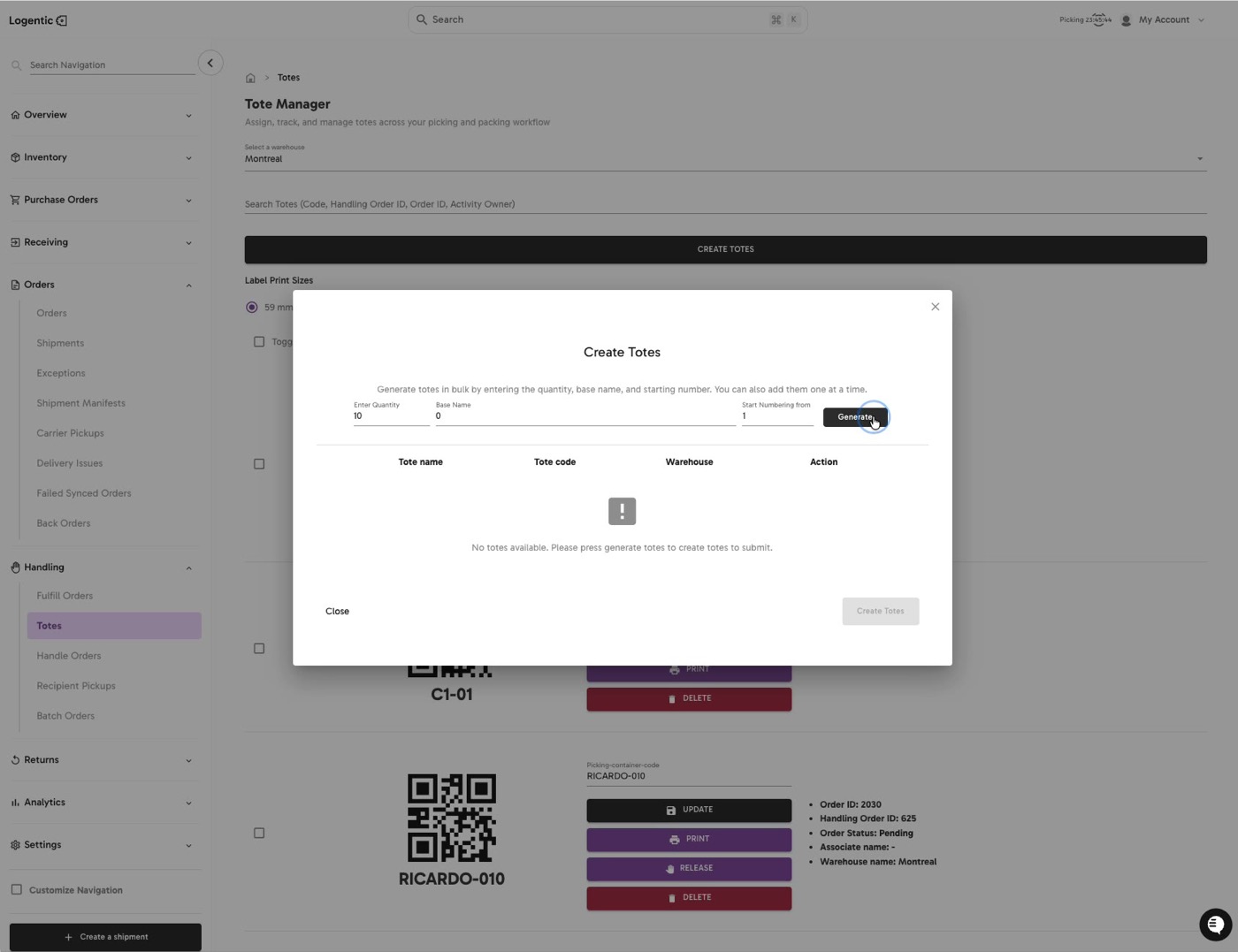 Create Totes modal showing quantity, base name, start numbering from, and Generate