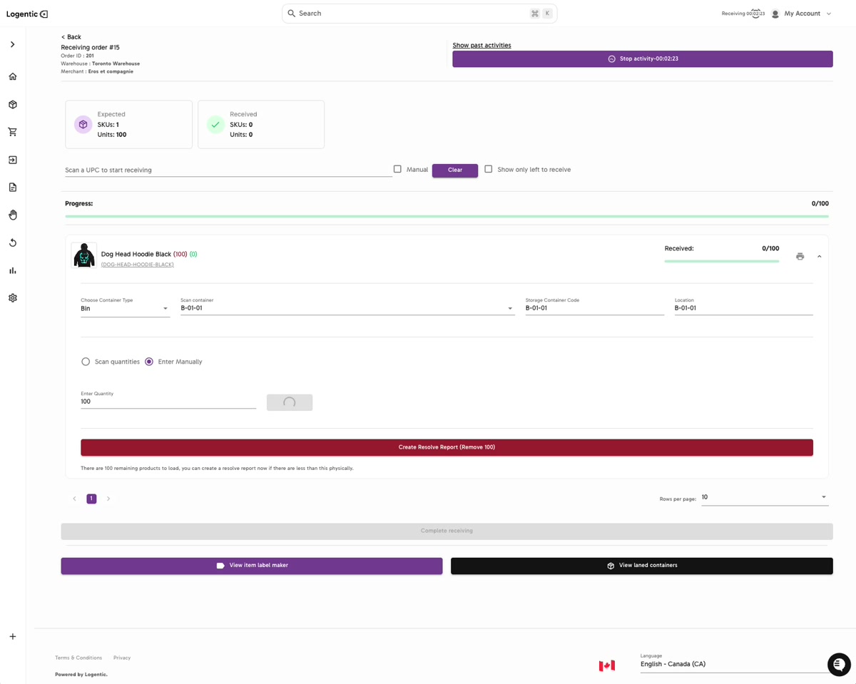 Receiving screen showing Enter Manually selected and received quantity entered