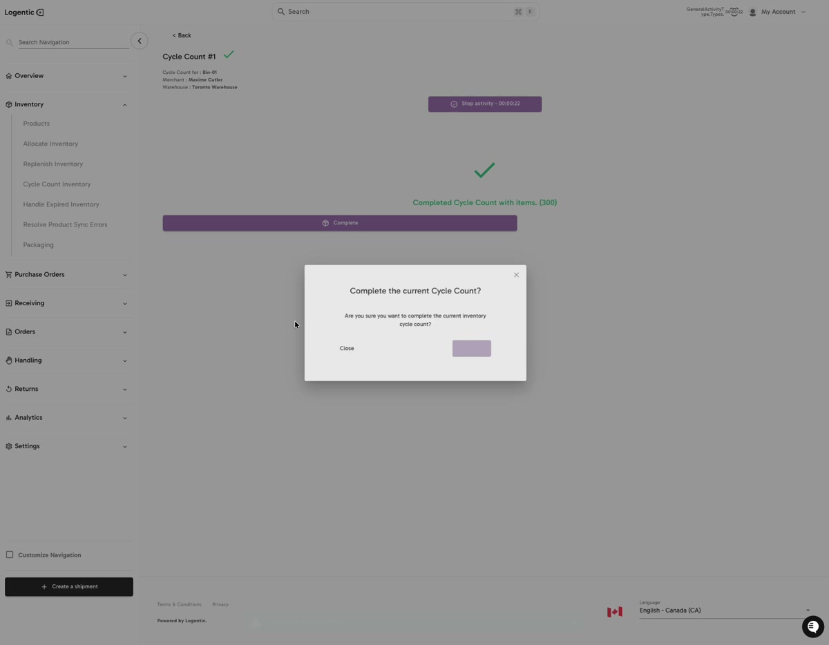 Cycle Count completion confirmation window