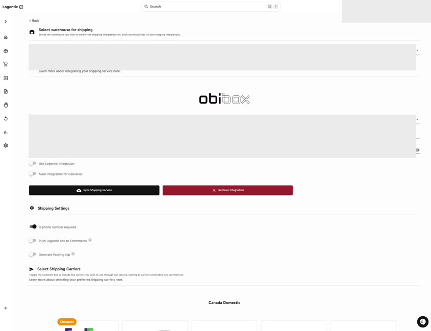 Shipping Settings page with credential fields masked and visible warehouse selector, integration area, toggles, and Sync Shipping Service