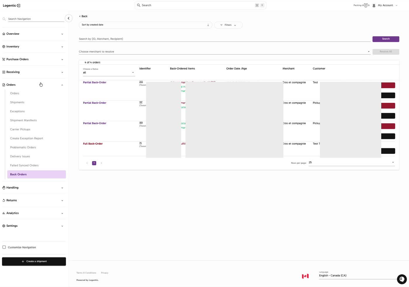 Back Orders page showing search, merchant selector, status filter, Partial Back-Order and Full Back-Order rows, BackOrder state, and Resolve buttons