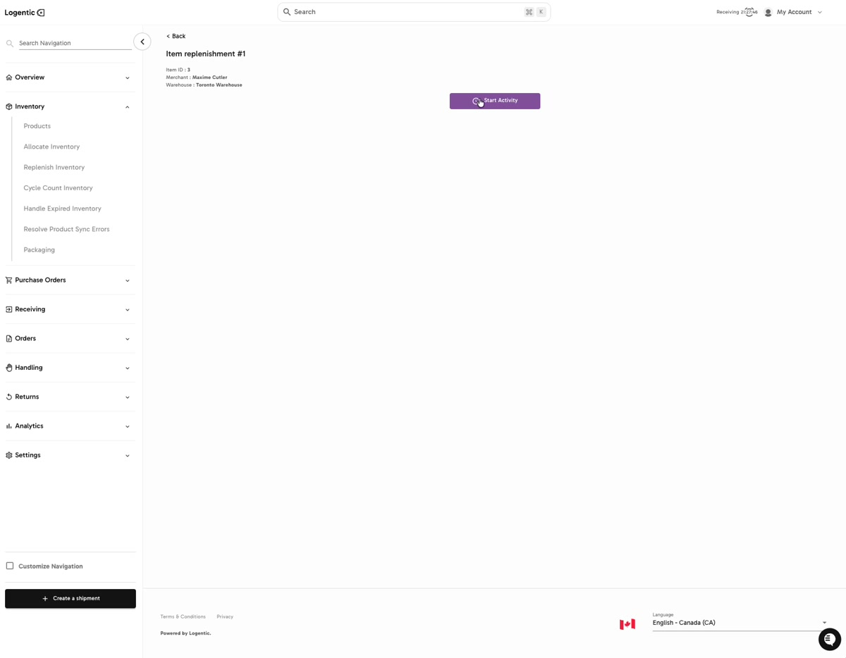 Item replenishment page showing Start Activity