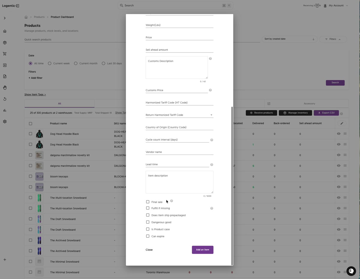 Add item form showing operational, customs, cycle count, vendor, lead time, and item behavior fields
