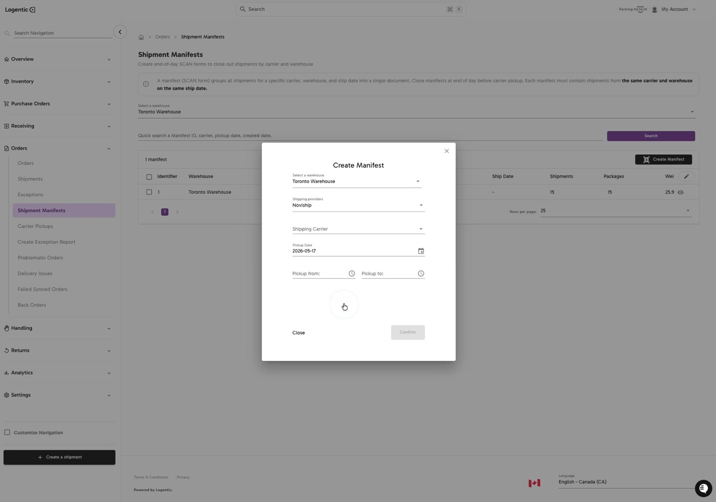 Create Manifest modal showing Toronto Warehouse, Noviship, Canada Post, and the pickup date field