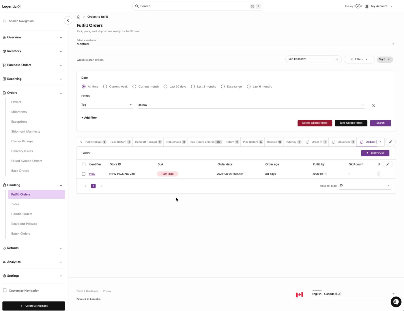 Fulfill Orders page showing a saved Obibox tab, Delete Obibox filters, Save Obibox filters, Search, and Export CSV