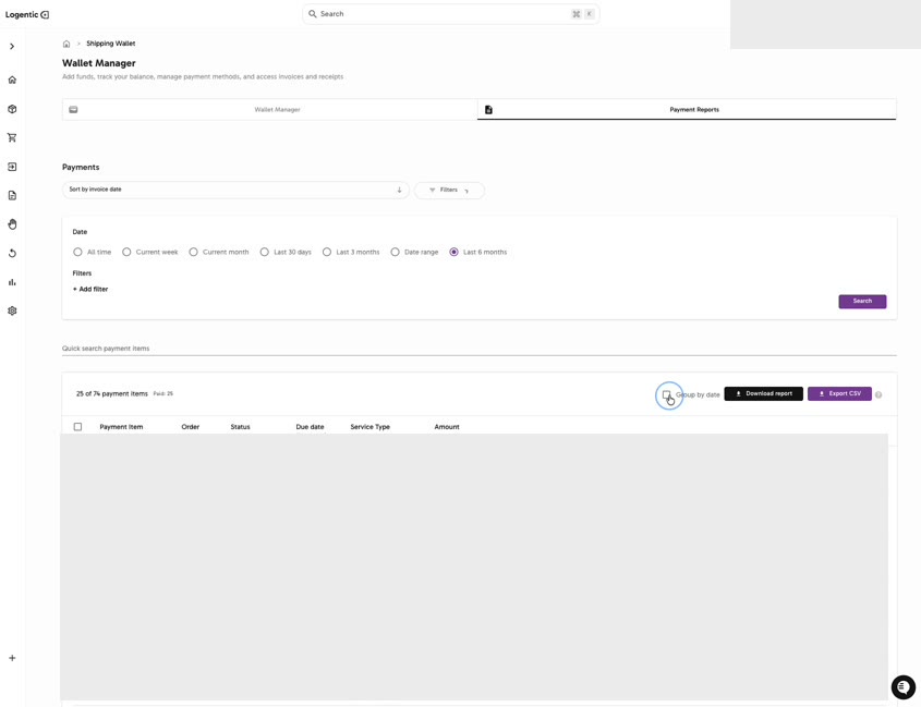 Payment Reports tab with payment row values masked and visible date filters, Search, Download report, and Export CSV
