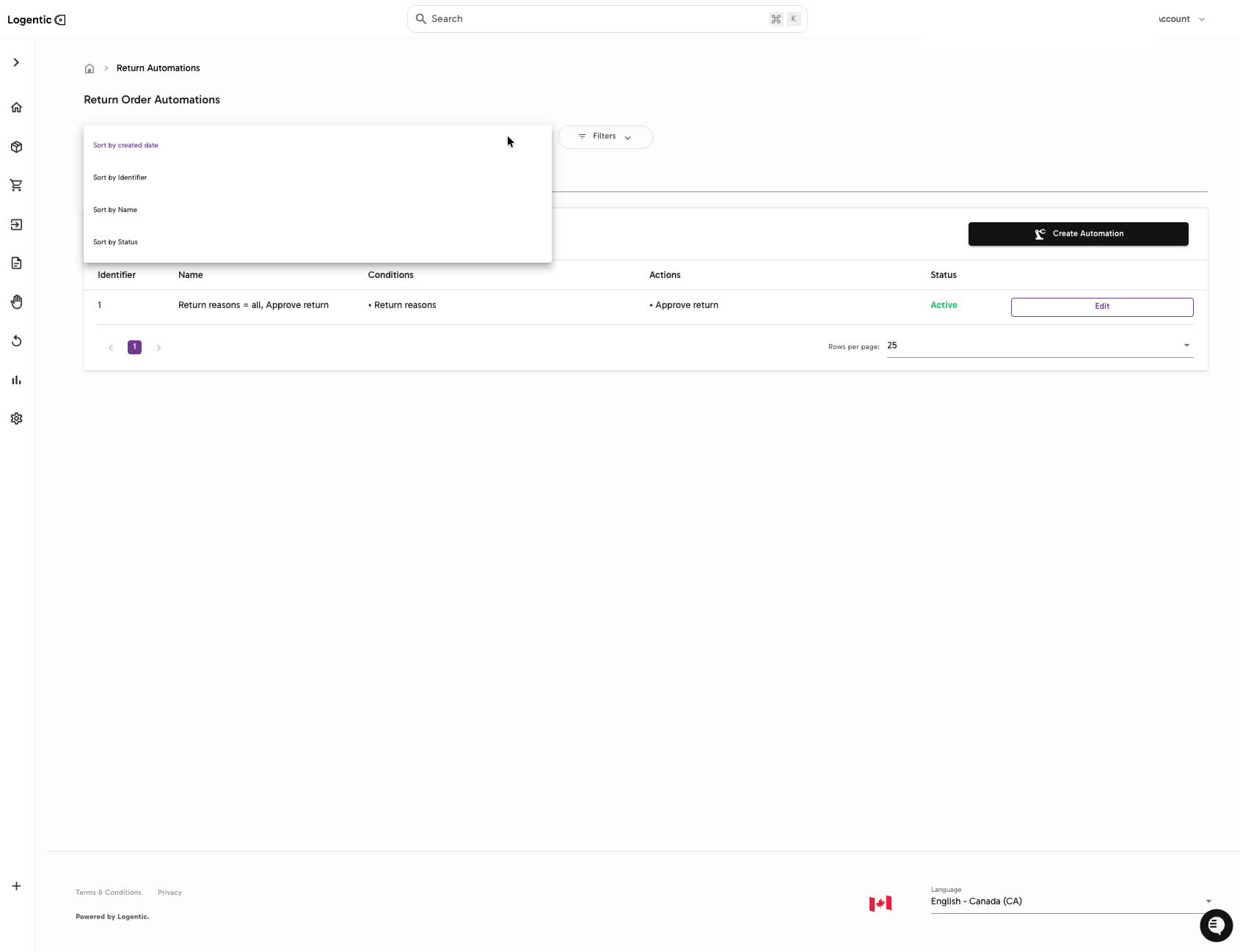 Return Order Automations list showing conditions, actions, status, Edit, and Create Automation