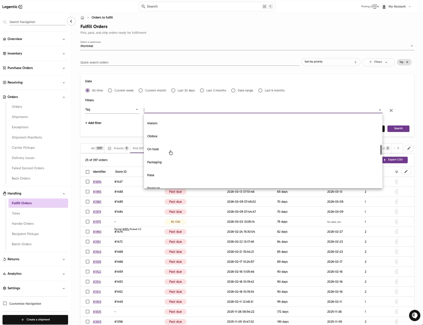 Fulfill Orders filter panel showing Tag values such as Maison, Obibox, On hold, Packaging, and Plate