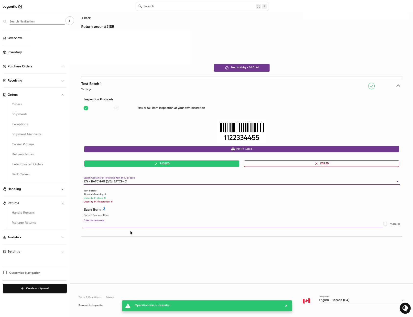 Return inspection screen showing inspection protocol, barcode, PRINT LABEL, PASSED, FAILED, container search, Scan Item, and Manual