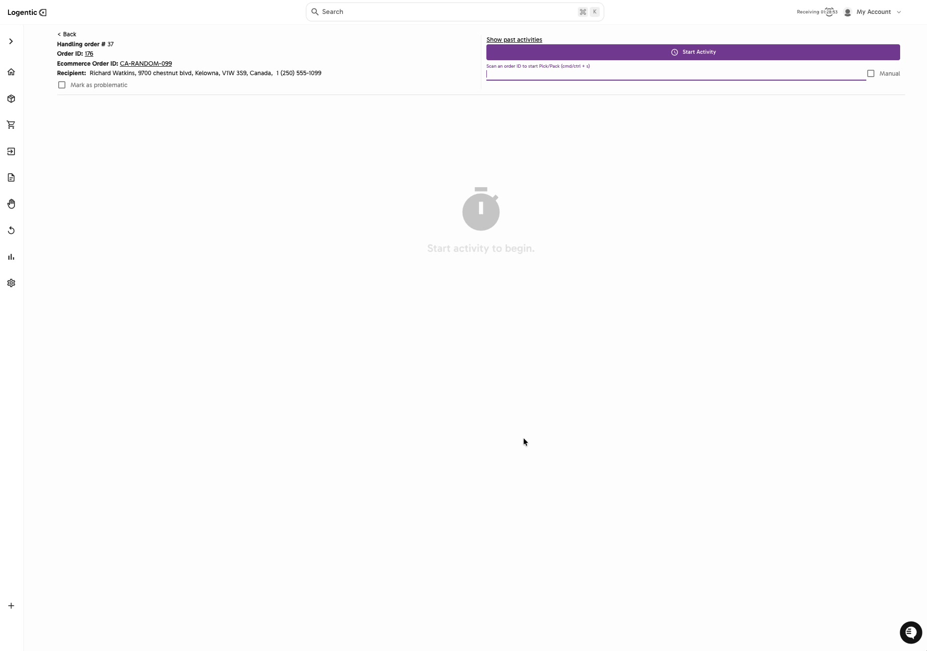 Pick Pack screen showing Handling order details, Start Activity, and scan field