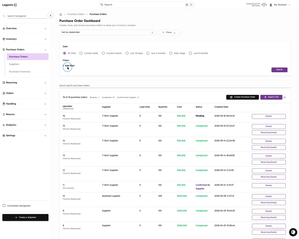Purchase Order Dashboard filter panel showing date presets and date range options