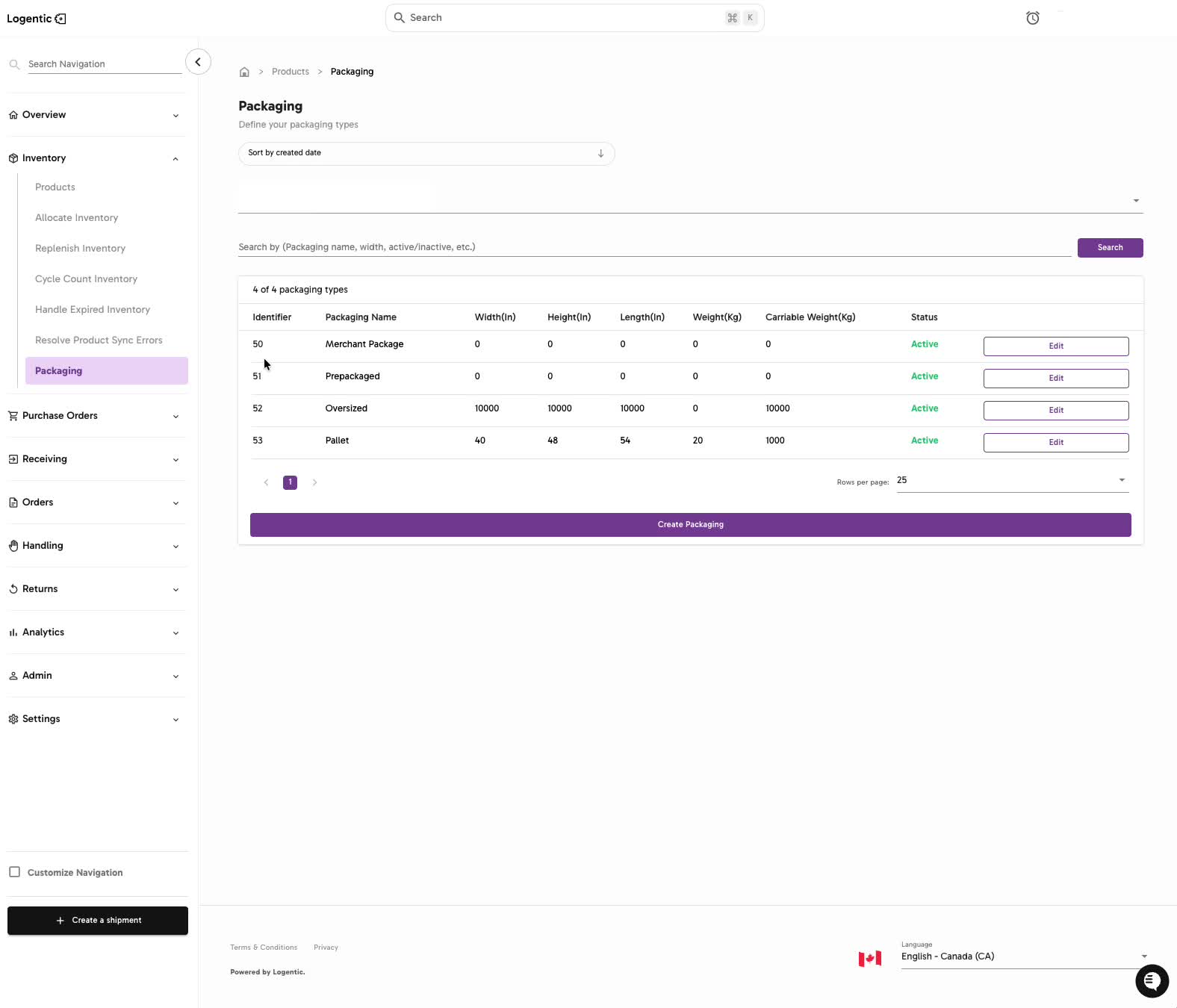 Packaging page showing the packaging table, search field, status column, and Create Packaging button