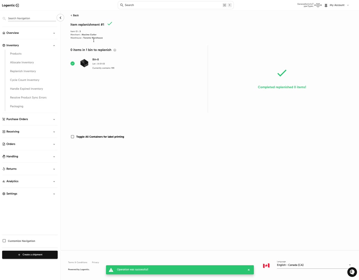 Completed item replenishment page with a green success state