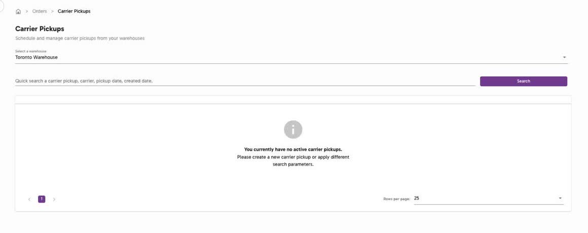 Carrier Pickups page showing warehouse selection, quick search, Search button, and no active carrier pickups message