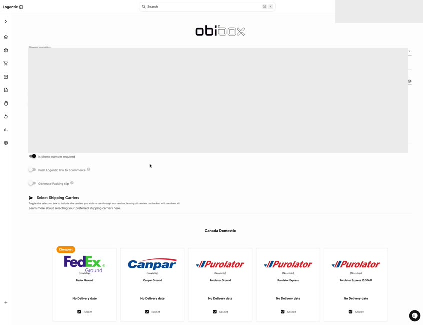 Shipping Settings carrier services area with sensitive integration fields masked and visible carrier cards with Select checkboxes