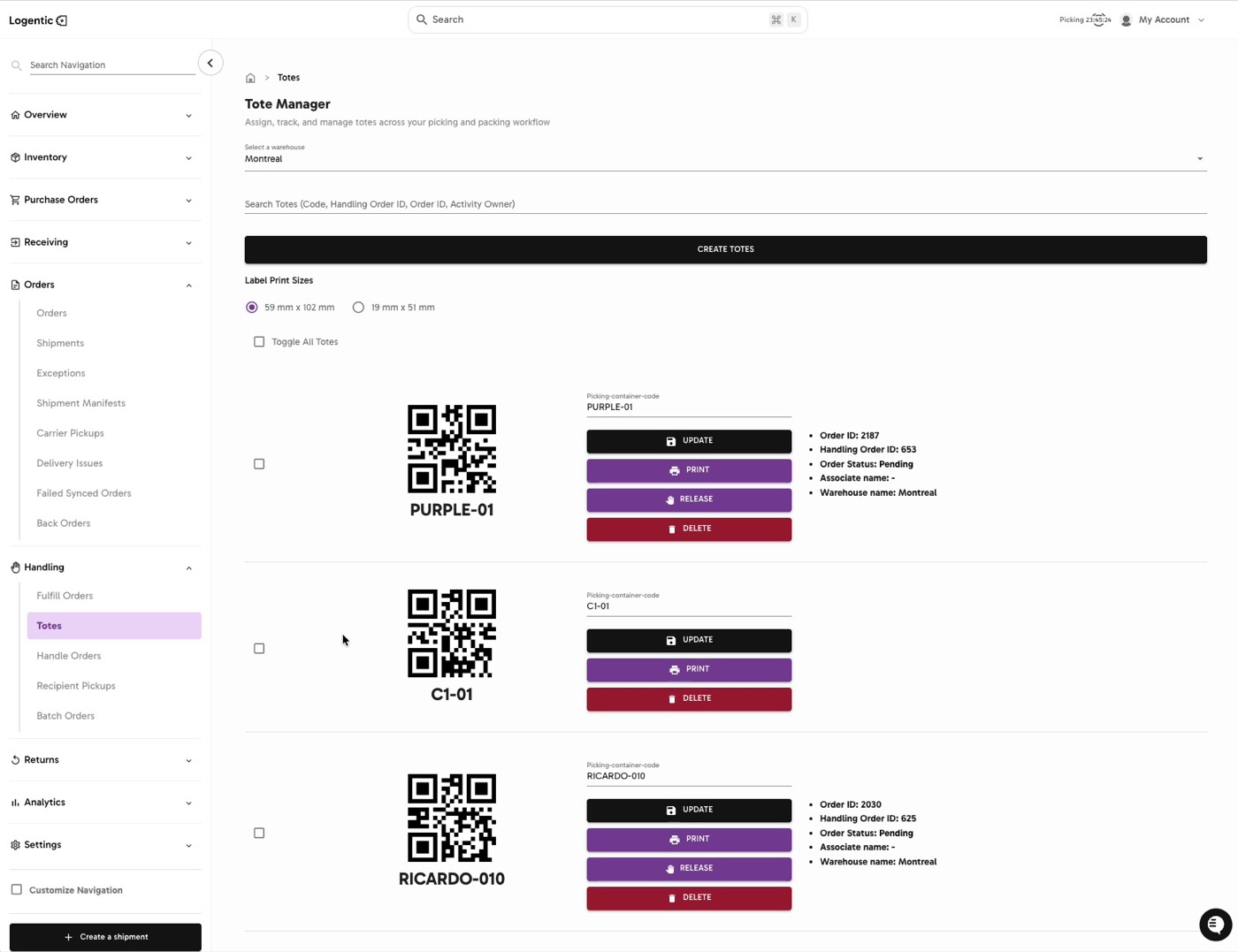 Tote Manager showing warehouse, search, label print sizes, QR-code totes, and PRINT buttons