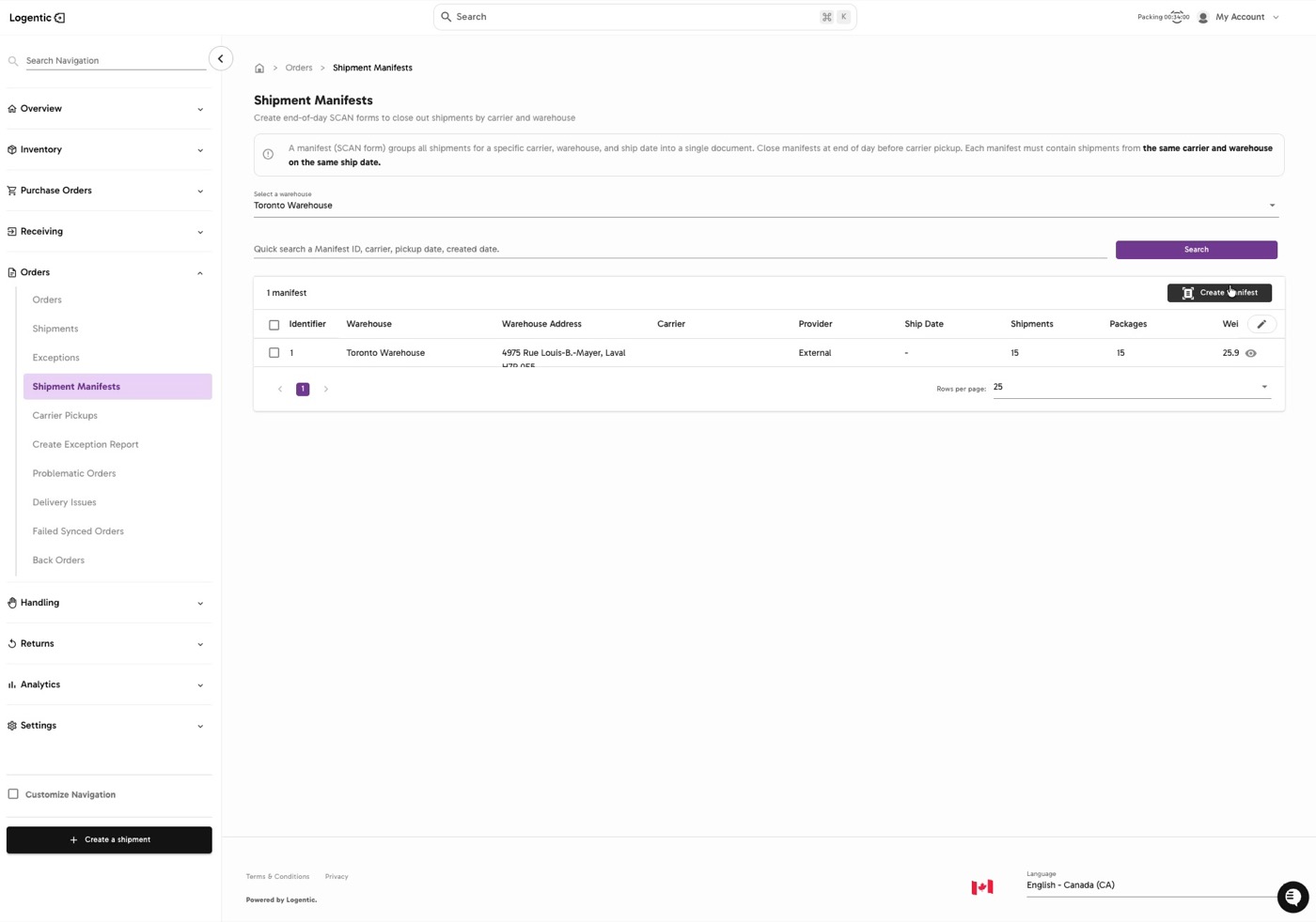 Shipment Manifests page showing the warehouse selector, search field, existing manifest row, and Create Manifest button