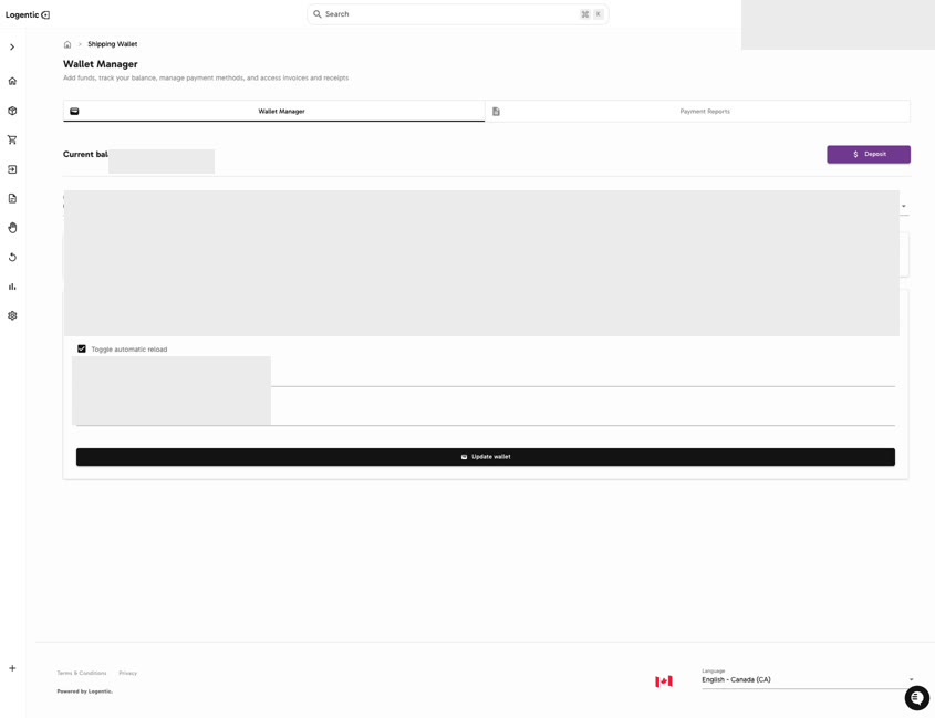 Shipping Wallet Manager with balance, payment method, and reload values masked