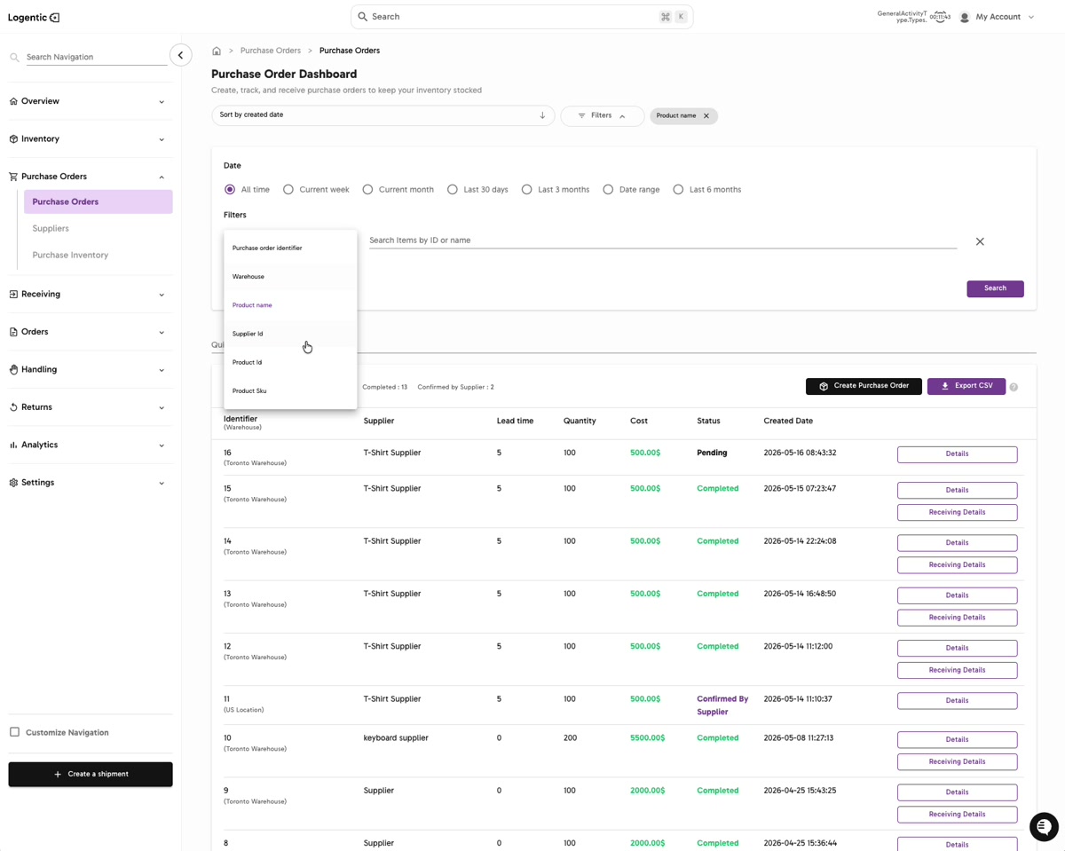 Purchase Order Dashboard Add filter menu with purchase order identifier, warehouse, product name, supplier ID, product ID, and product SKU options
