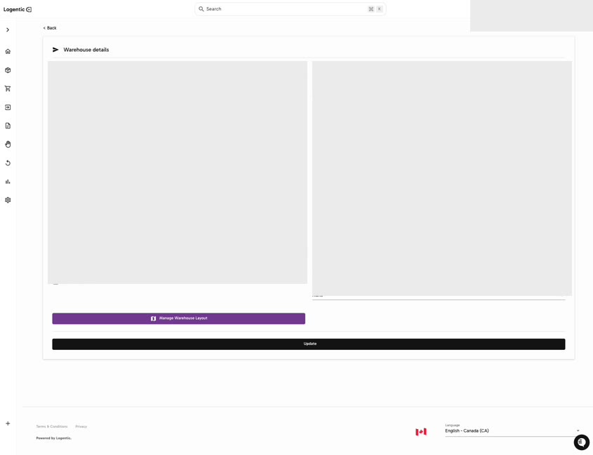 Warehouse details page with address and contact fields masked and visible Warehouse active, For Fulfillment, Manage Warehouse Layout, and Update controls