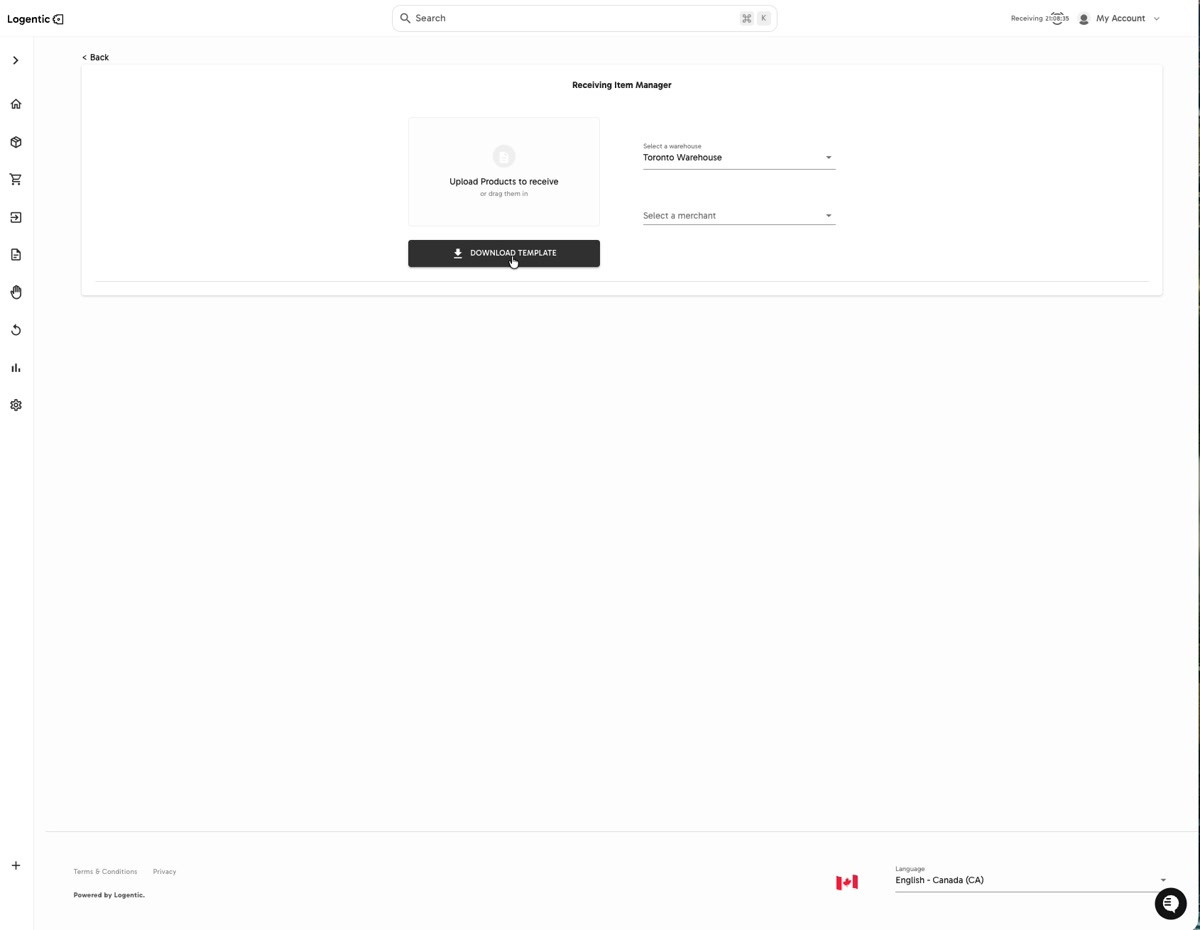 Receiving Item Manager showing Upload Products to receive, warehouse and merchant selectors, and Download Template