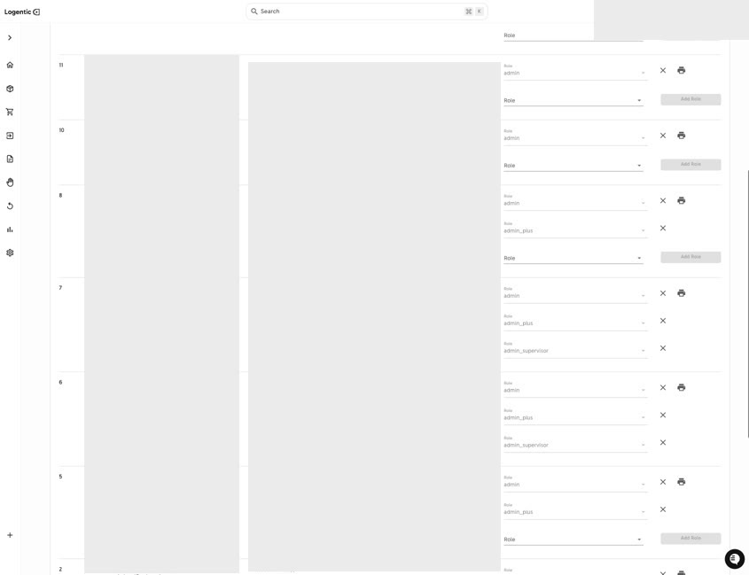 Team Access page with user details masked, warehouse assignment columns masked, and visible Role, Add Role, and remove controls