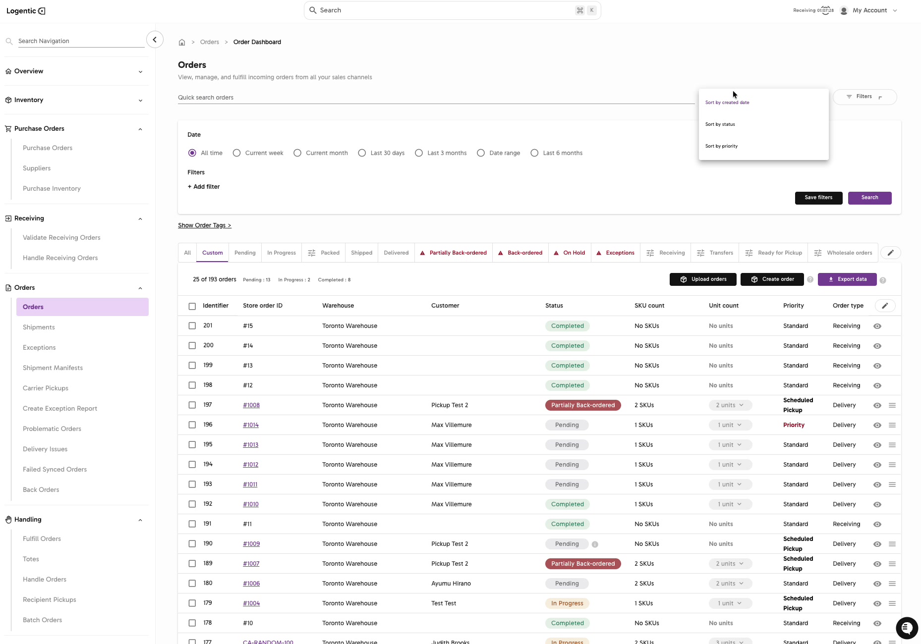 Order Dashboard sort menu showing sort by created date, status, and priority