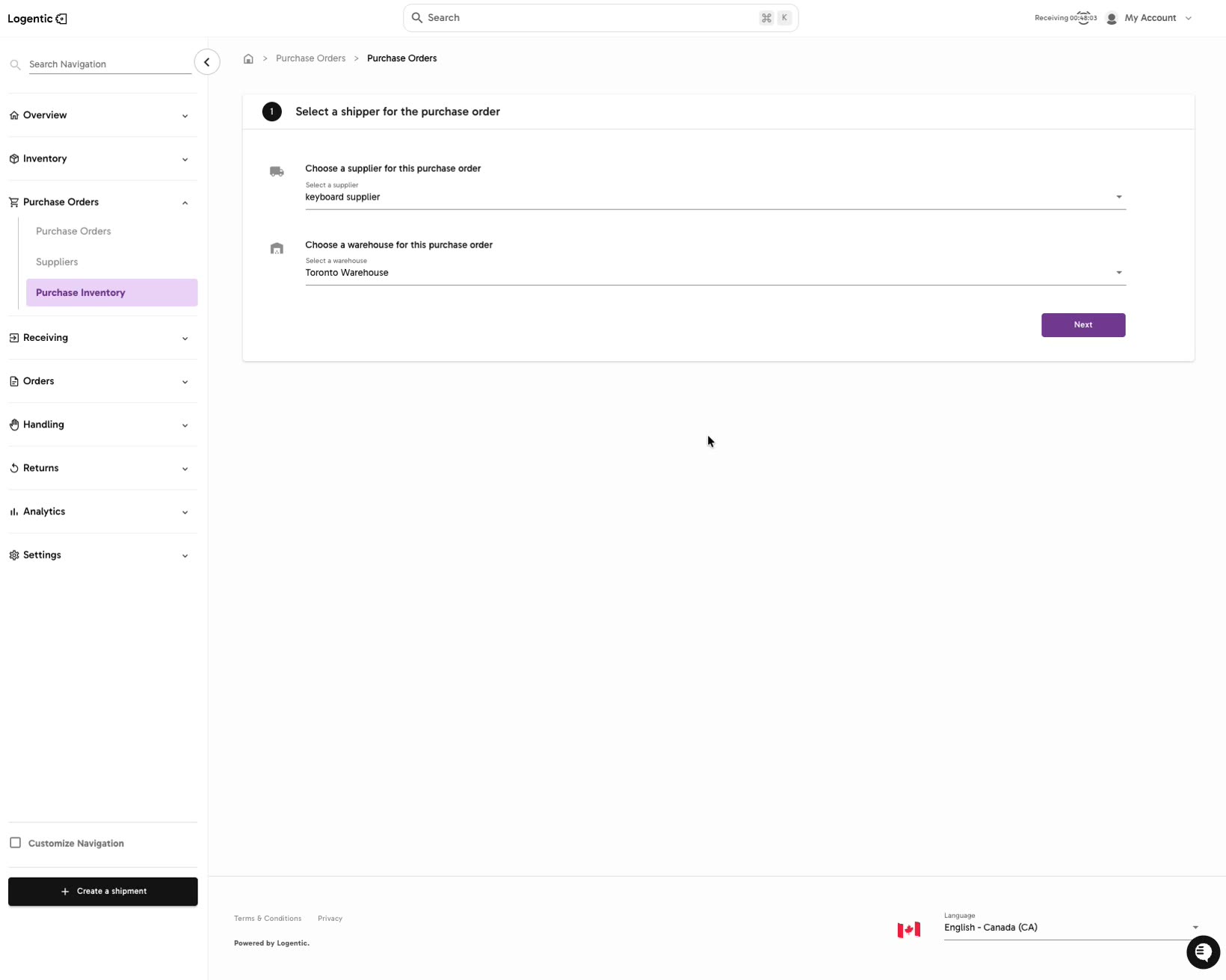 Create purchase order step showing supplier and warehouse selection