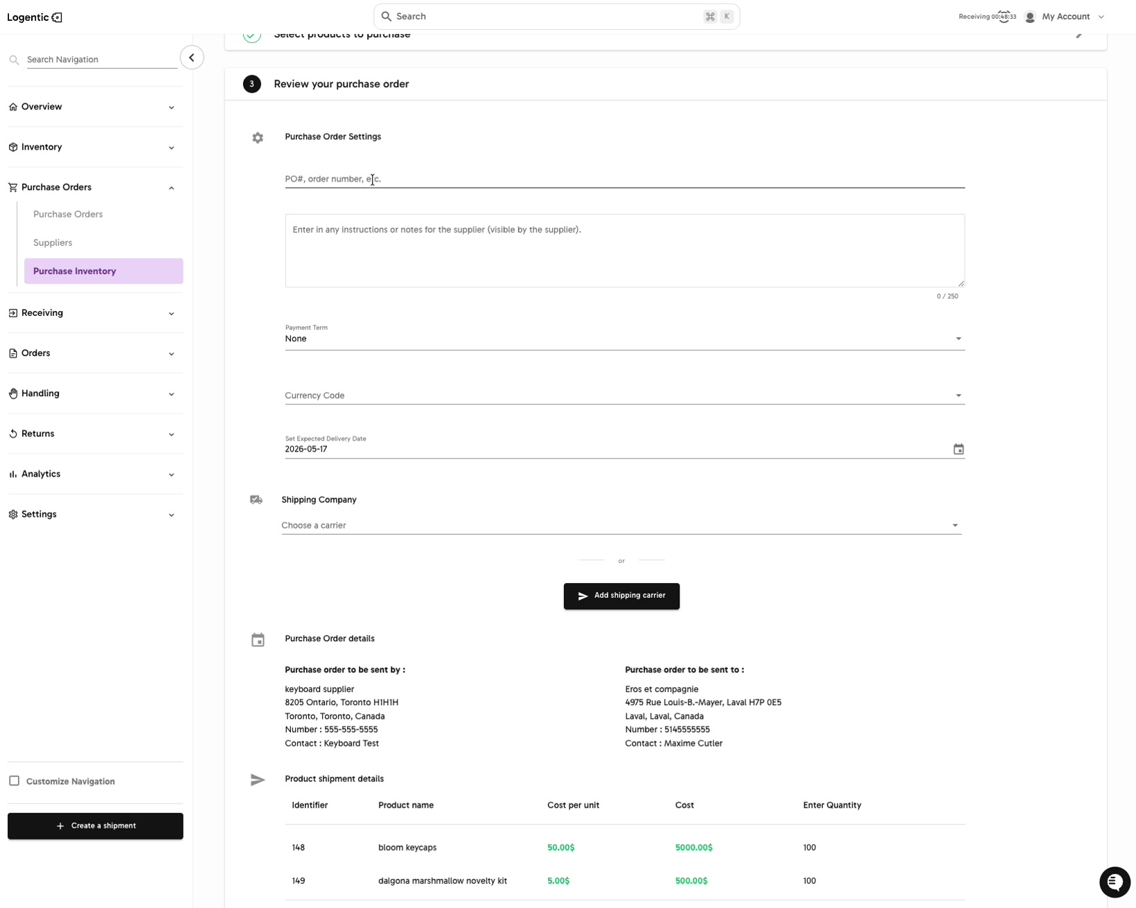 Create purchase order review step showing PO settings and product shipment details