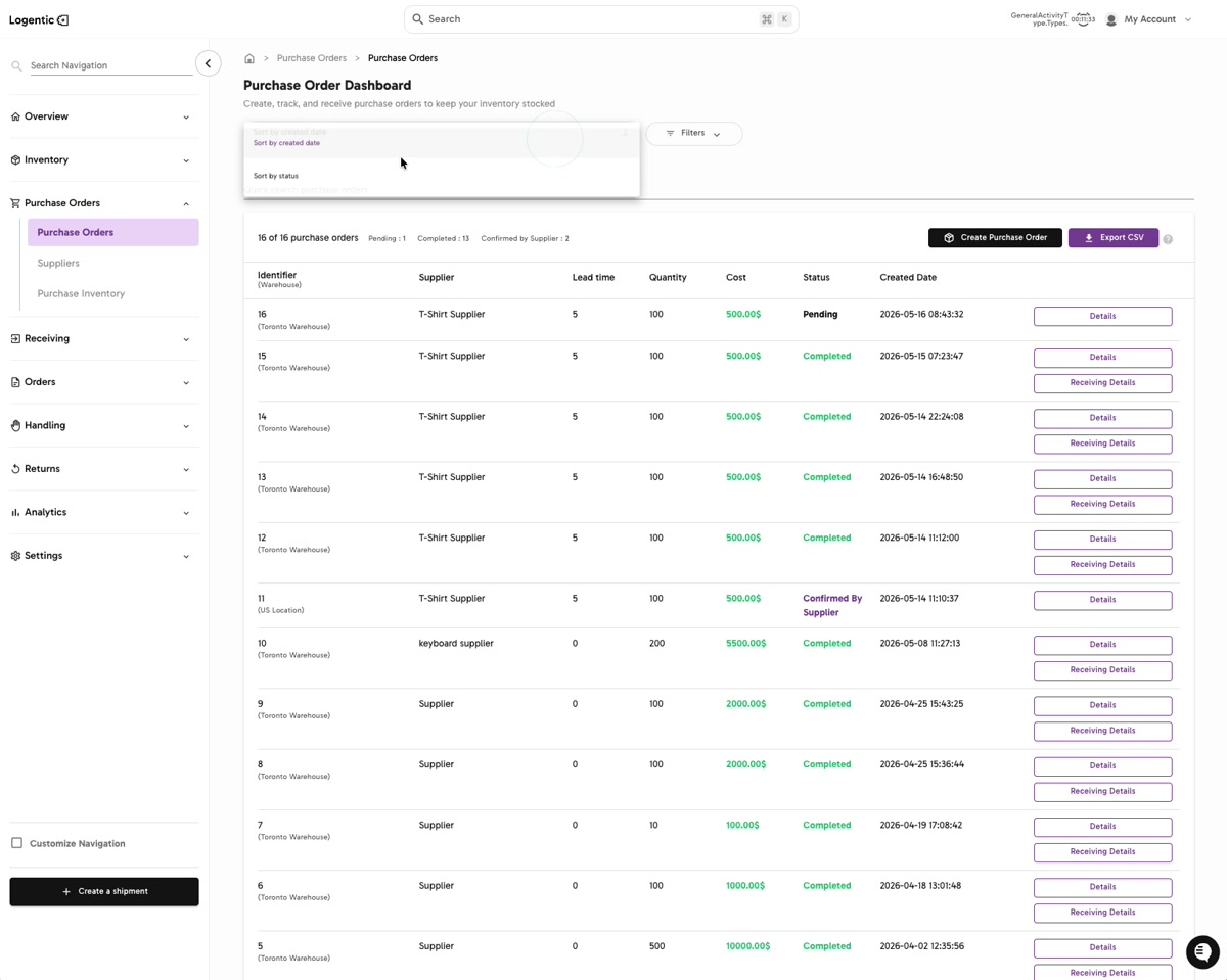 Purchase Order Dashboard sort menu showing sort by created date and sort by status