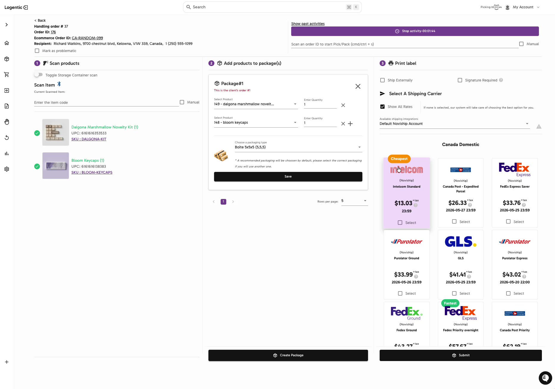 Pick Pack screen showing Ship Externally selected, a completed package, Recreate, Void Label, and Pick Pack Next