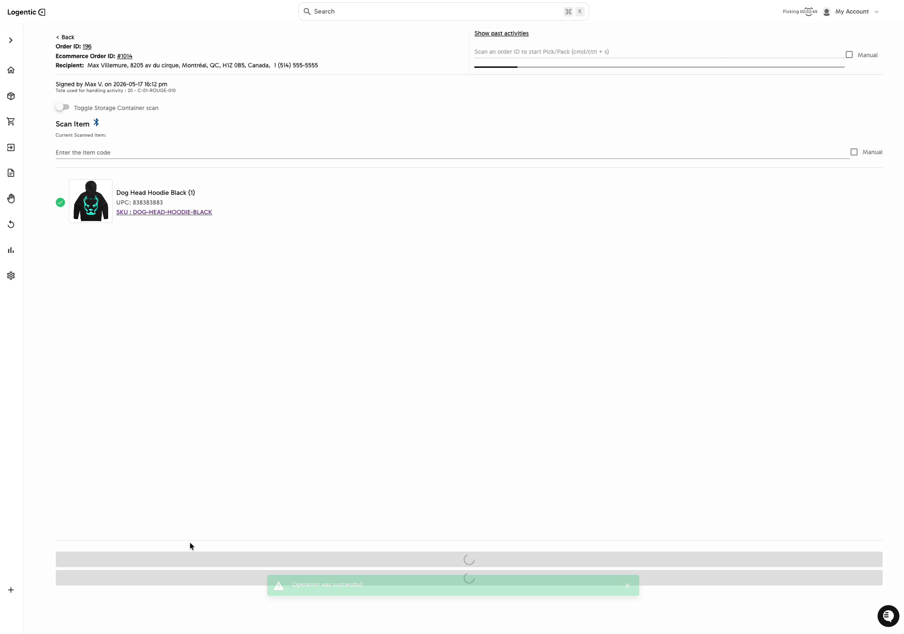 Pick Pack screen showing Tote used for handling activity and a pending package