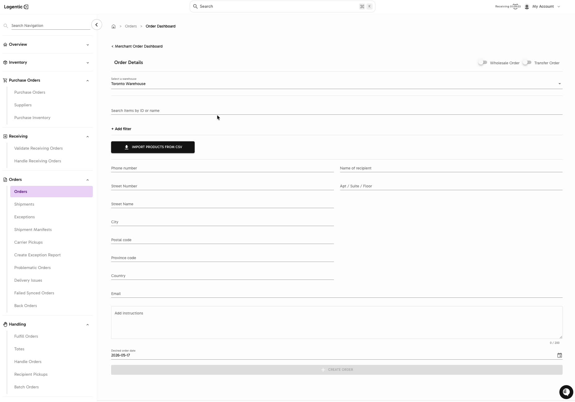 Create order page showing warehouse selection, product search, Add filter, and Import products from CSV