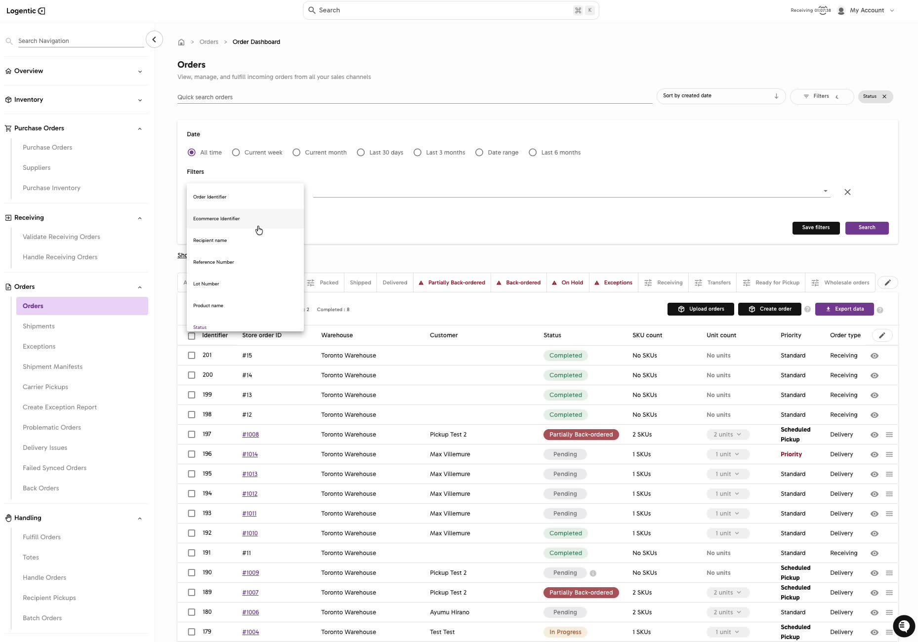 Order Dashboard Add filter menu showing order identifier, ecommerce identifier, recipient name, reference number, lot number, product name, and status