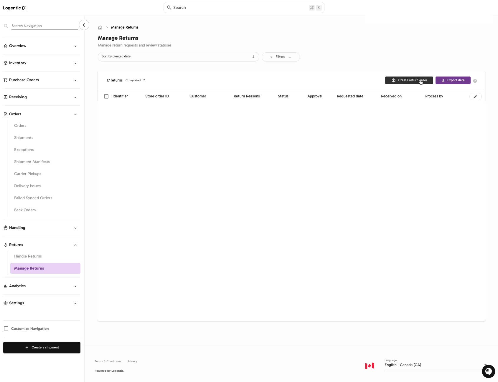 Manage Returns showing the Create return order button with return rows hidden for privacy