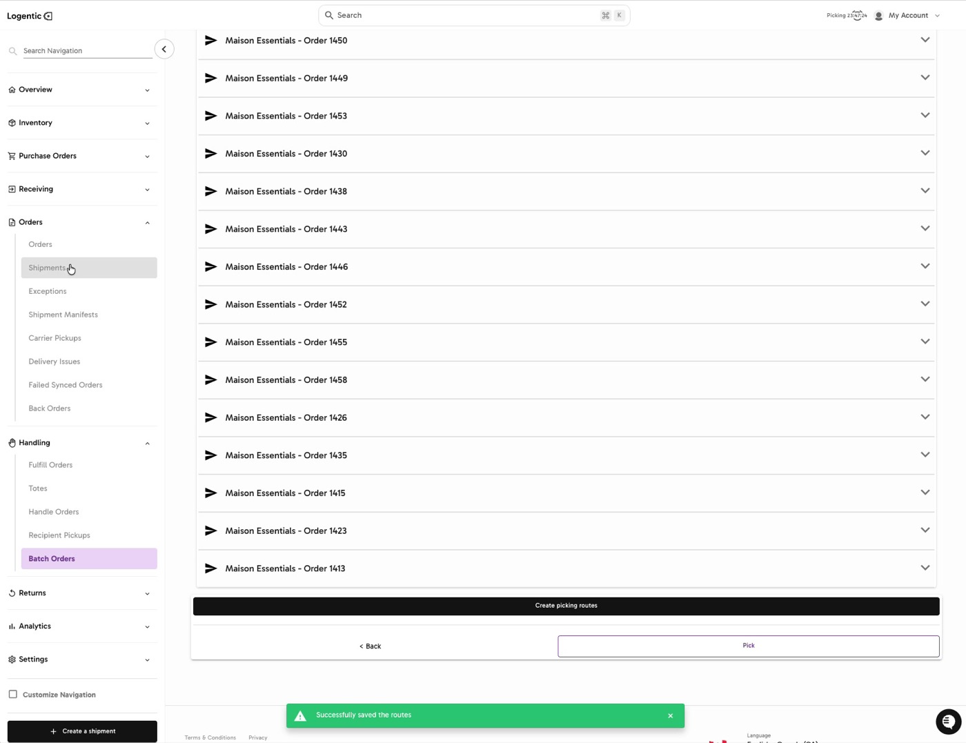 Picking Routes page showing created route groups and a Successfully saved the routes message