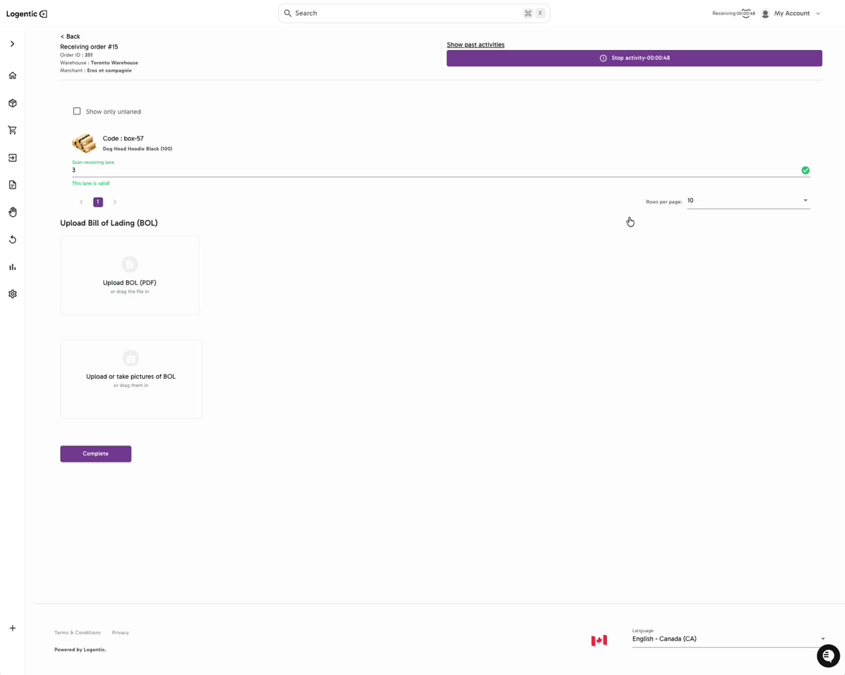 Receiving order screen showing Scan receiving lane and expected product quantity