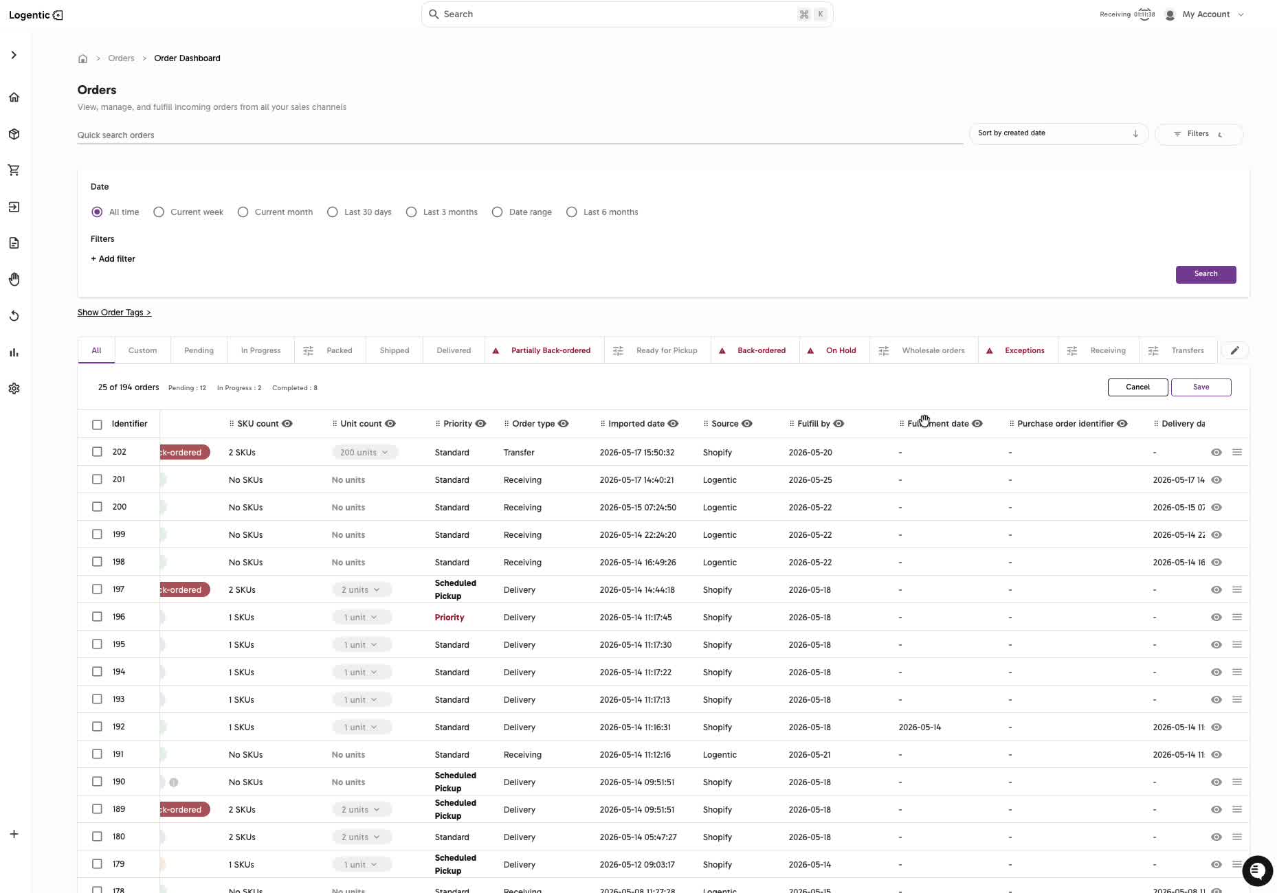 Order Dashboard column edit mode showing visible columns, drag handles, eye icons, Save, and Cancel