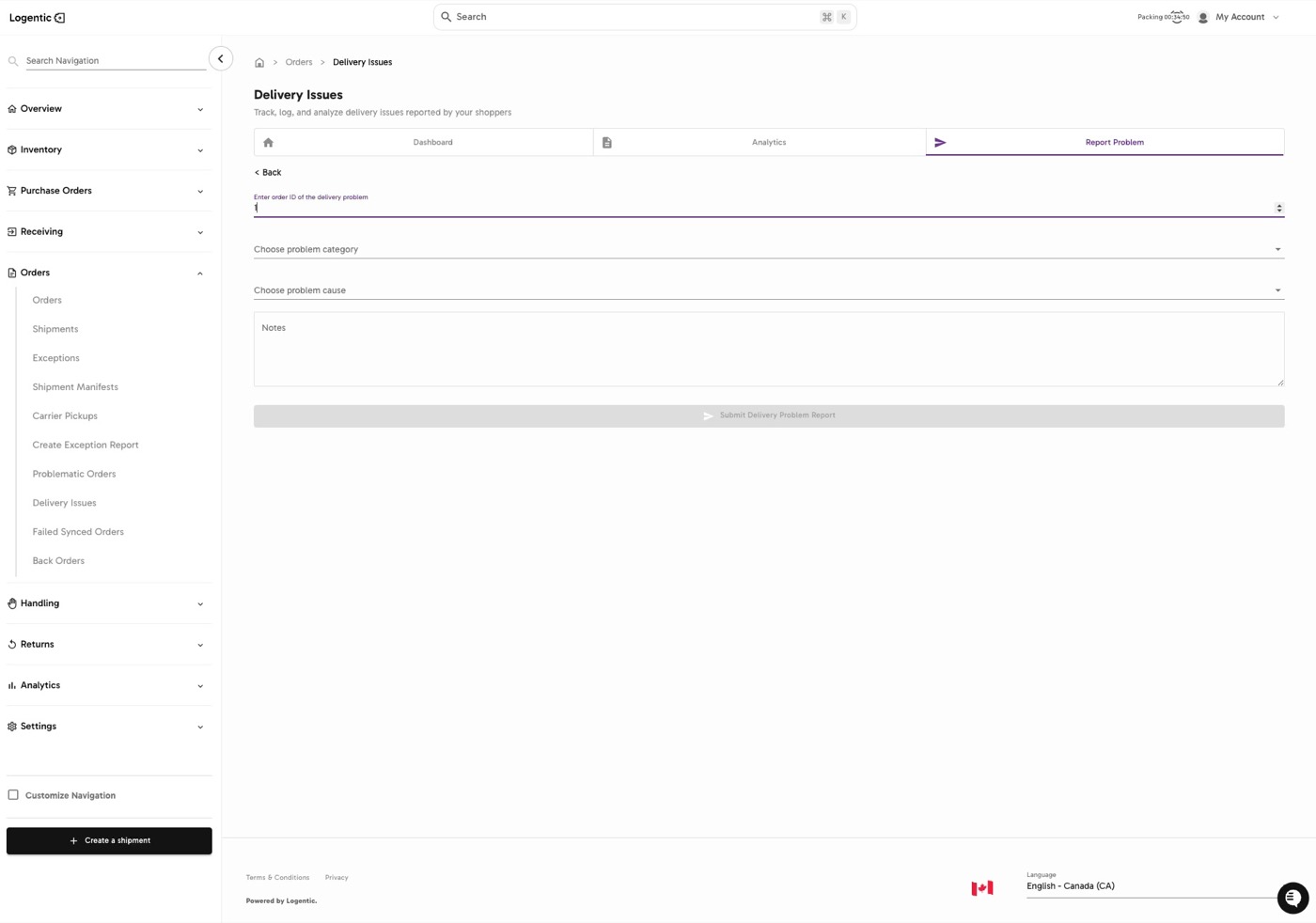 Delivery Issues Report Problem tab showing order ID, problem category, problem cause, notes, and Submit Delivery Problem Report