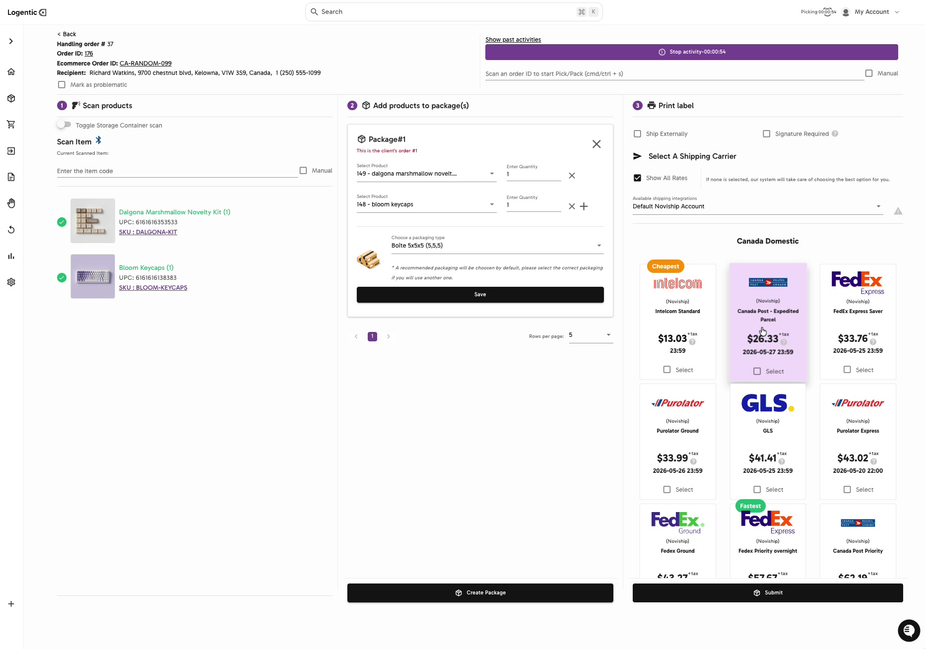Pick Pack screen showing carrier rate cards, Show All Rates, available shipping integrations, Select checkboxes, and Submit