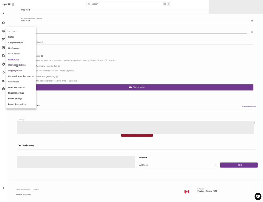 Logentic Integrations page showing API Credentials and Webhooks sections with secret values masked