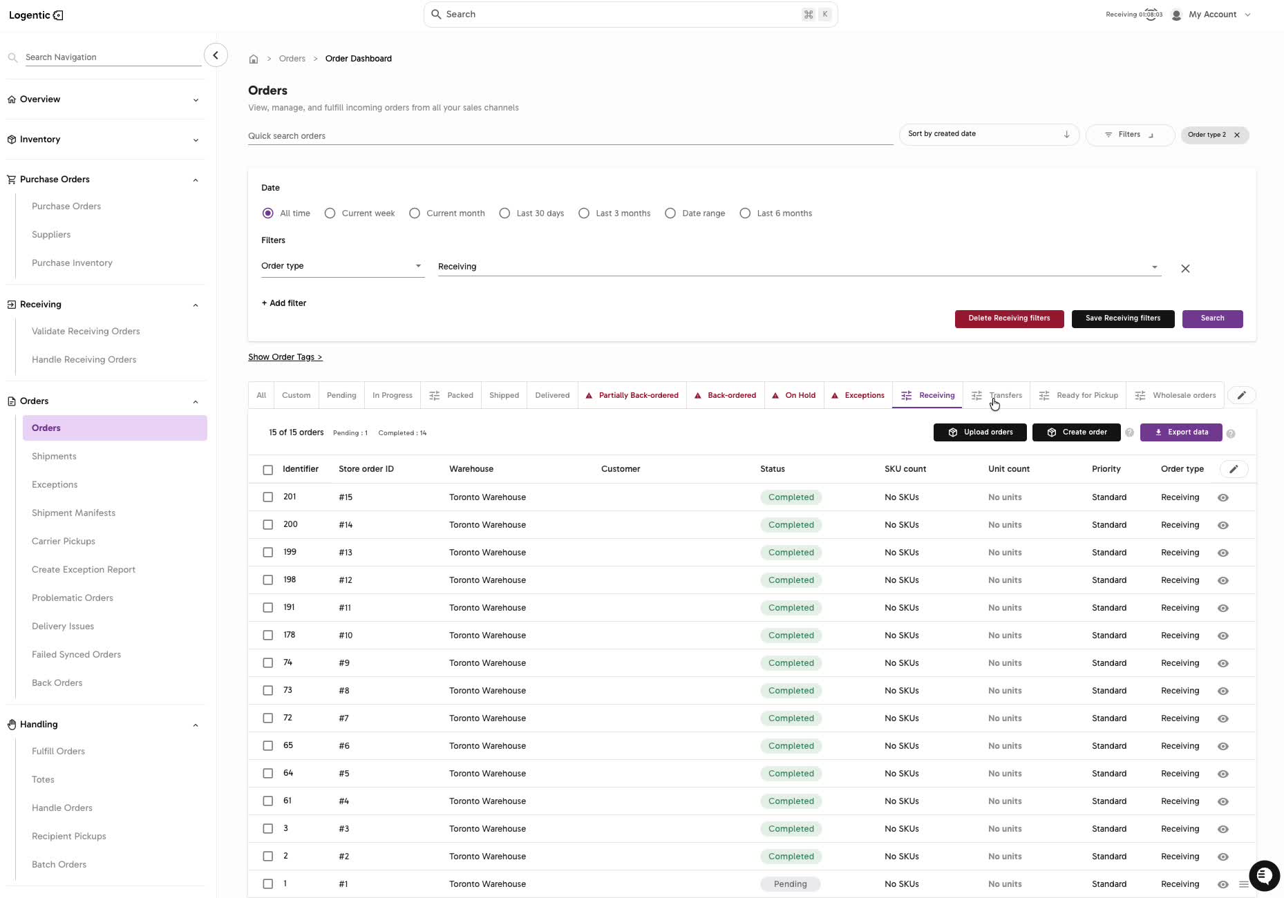 Order Dashboard showing Receiving view selected with order type filter and Search action