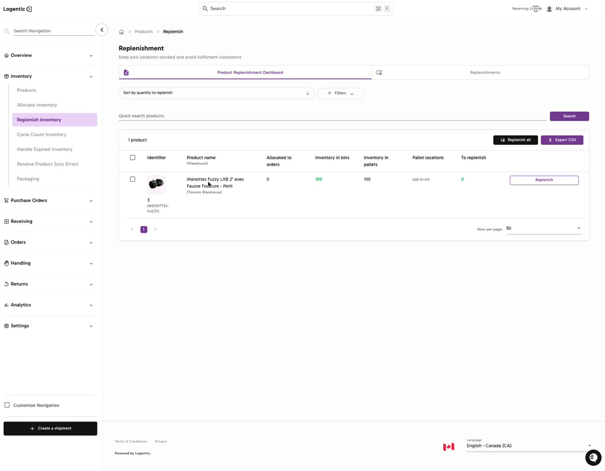 Replenishment dashboard showing product stock in bins, pallets, pallet locations, row-level Replenish, Replenish all, and Export CSV