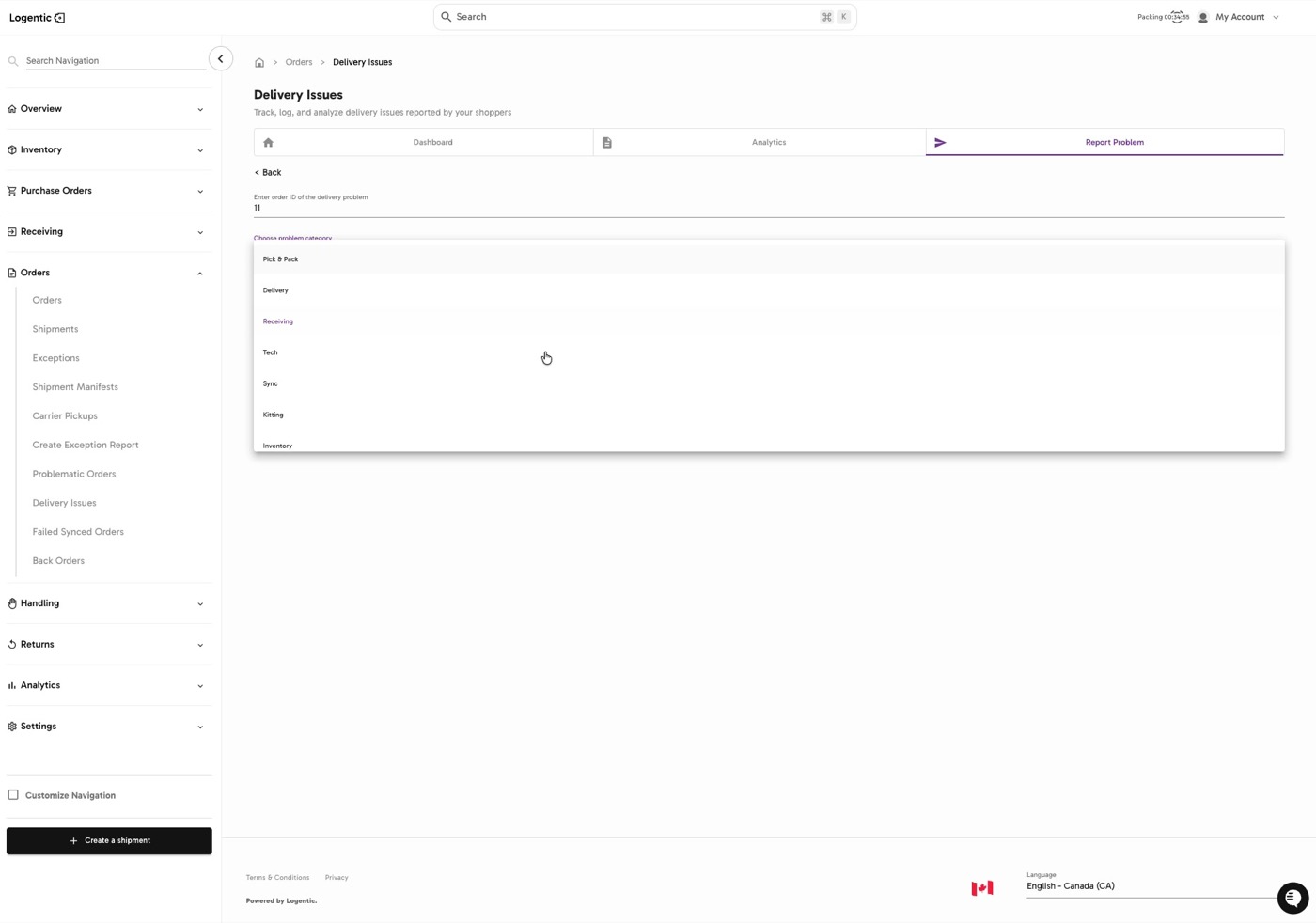 Delivery Issues category menu showing categories such as Pick & Pack, Delivery, Receiving, Tech, Sync, Kitting, and Inventory
