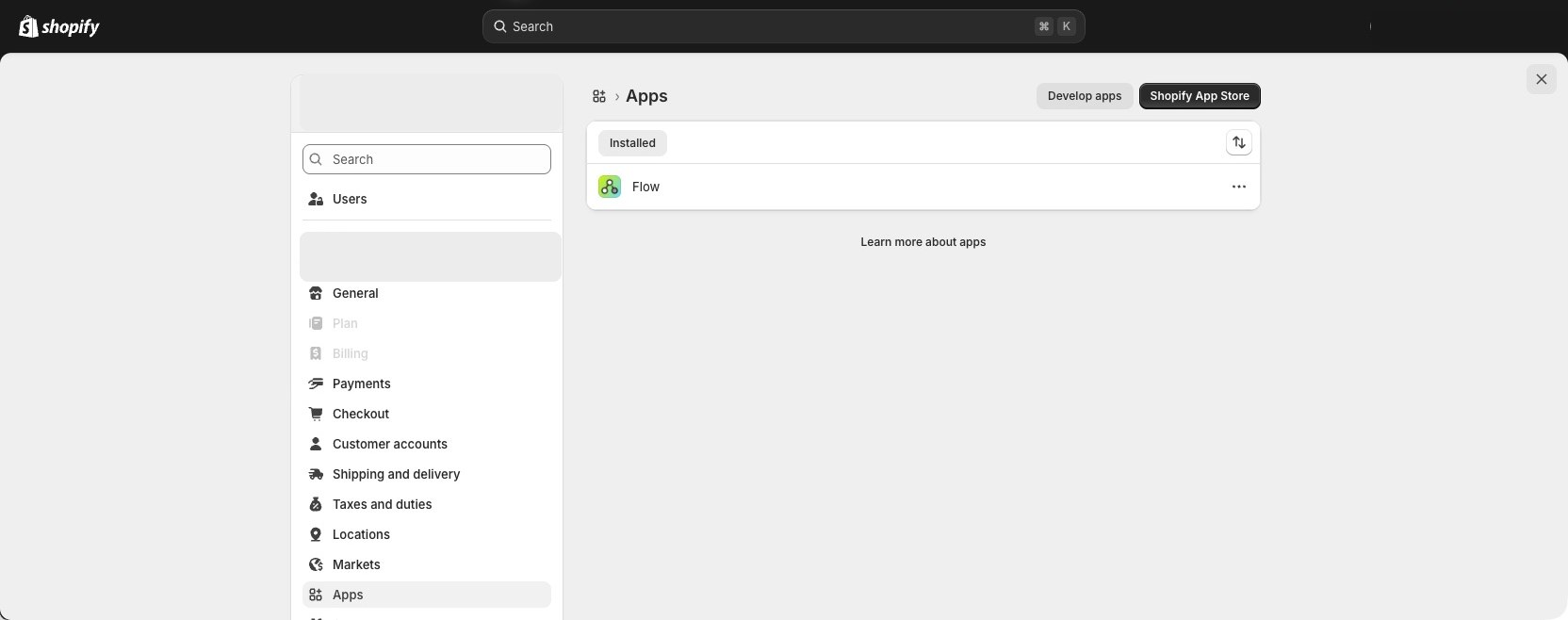 Shopify Apps settings page showing the Develop apps button with store details masked