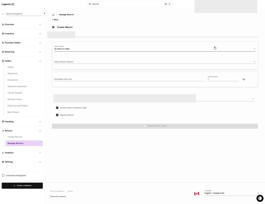 Create Return form showing product, return reason, quantity, label option, approval option, and Create return order