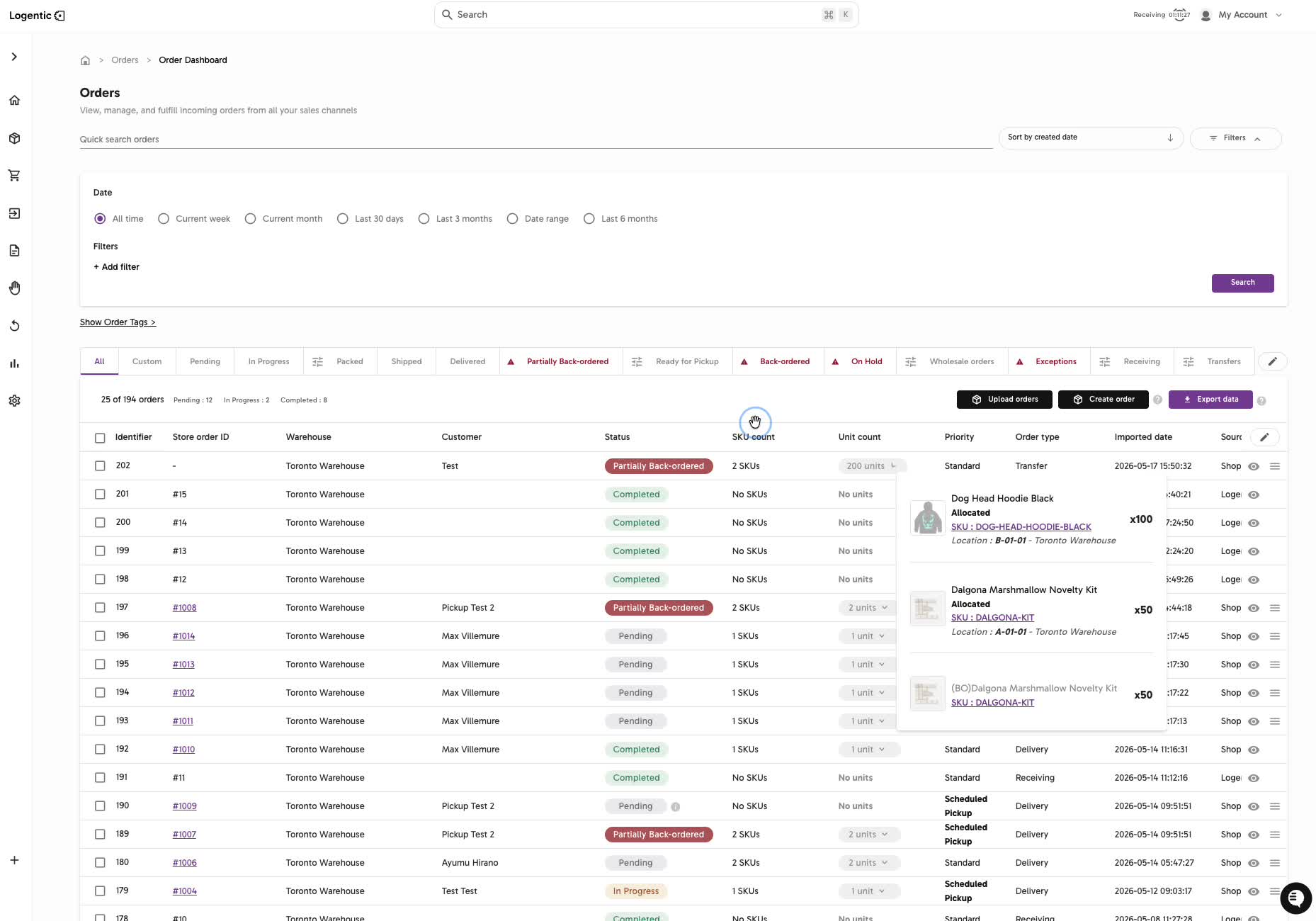 Order Dashboard showing the newly created transfer order row with SKU count, unit count, status, priority, and order type
