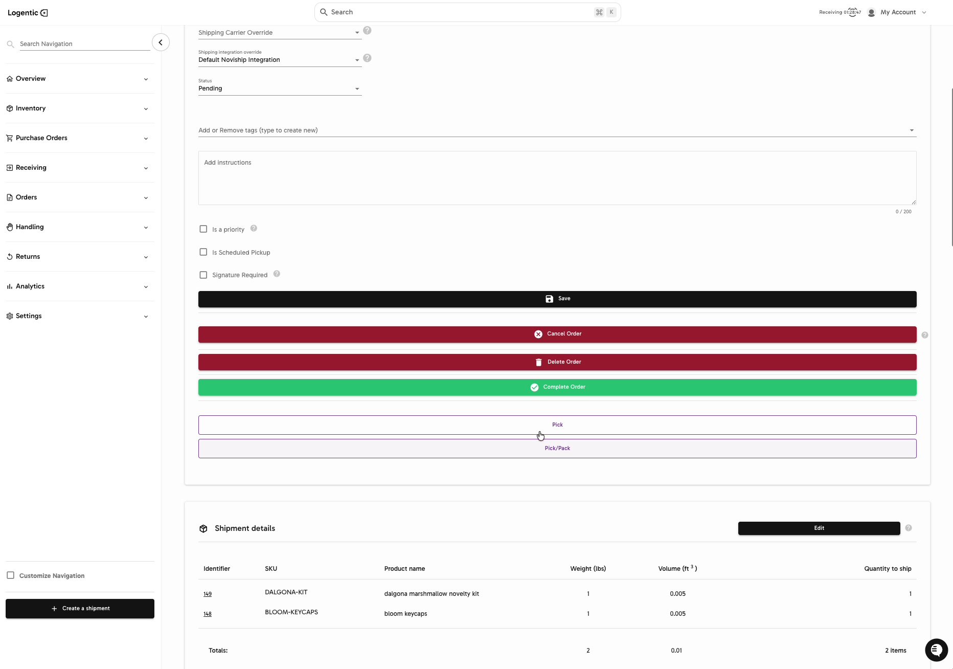 Order detail page showing Pick and Pick Pack actions above Shipment details