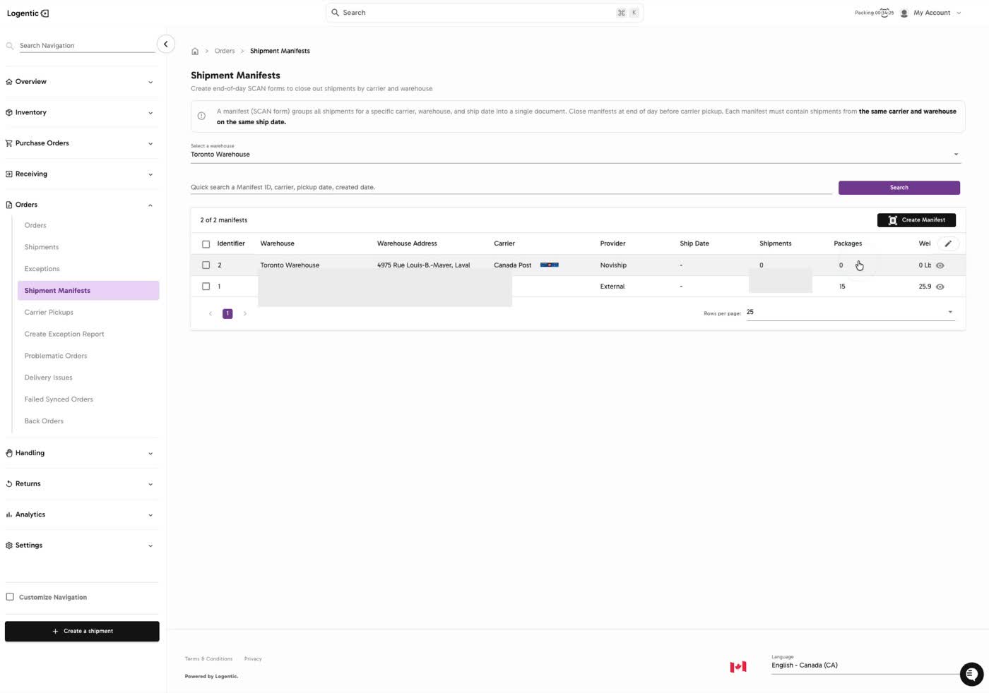 Shipment Manifests table showing a newly created manifest row