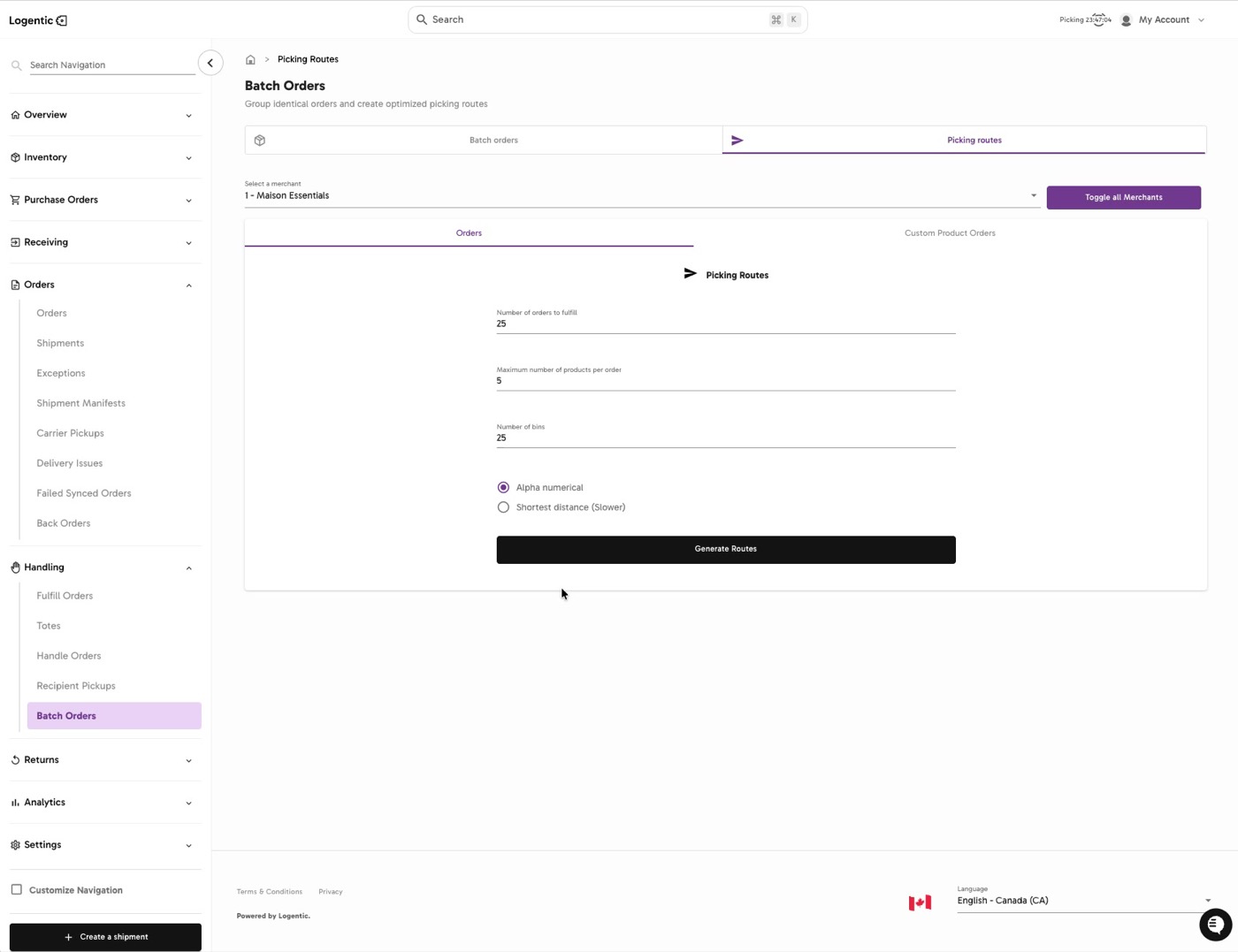Picking Routes tab showing merchant, Orders and Custom Product Orders tabs, route inputs, Alpha numerical, Shortest distance, and Generate Routes